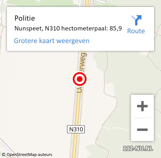 Locatie op kaart van de 112 melding: Politie Nunspeet, N310 hectometerpaal: 85,9 op 23 september 2021 22:39