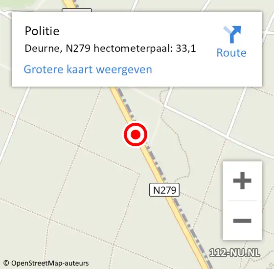 Locatie op kaart van de 112 melding: Politie Deurne, N279 hectometerpaal: 33,1 op 24 september 2021 11:41