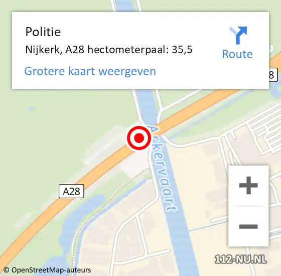 Locatie op kaart van de 112 melding: Politie Nijkerk, A28 hectometerpaal: 35,5 op 24 september 2021 13:40