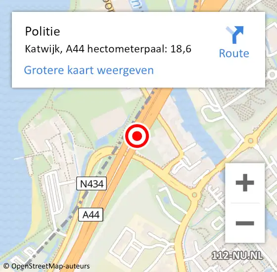 Locatie op kaart van de 112 melding: Politie Katwijk, A44 hectometerpaal: 18,6 op 24 september 2021 13:42