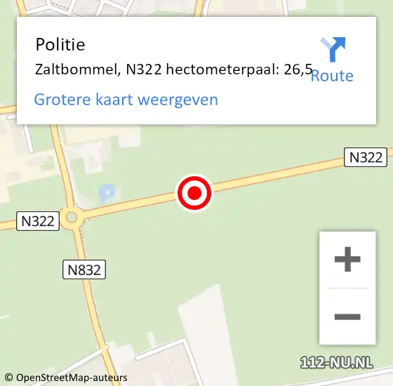 Locatie op kaart van de 112 melding: Politie Zaltbommel, N322 hectometerpaal: 26,5 op 24 september 2021 13:57