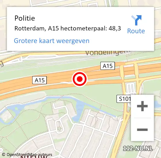 Locatie op kaart van de 112 melding: Politie Rotterdam, A15 hectometerpaal: 48,3 op 24 september 2021 14:51