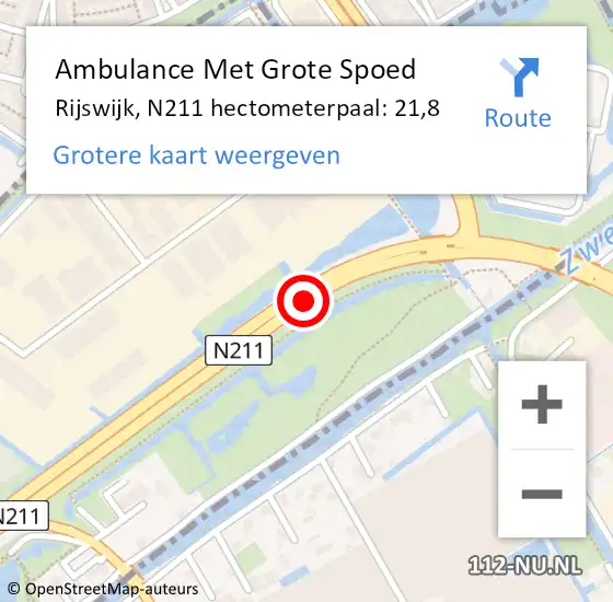 Locatie op kaart van de 112 melding: Ambulance Met Grote Spoed Naar Rijswijk, N211 hectometerpaal: 21,8 op 24 september 2021 15:45
