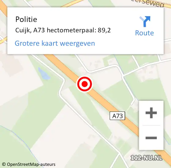 Locatie op kaart van de 112 melding: Politie Cuijk, A73 hectometerpaal: 89,2 op 24 september 2021 16:30