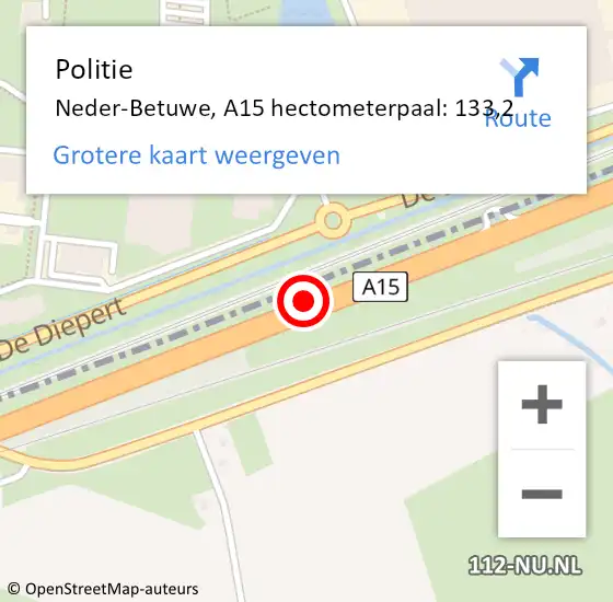 Locatie op kaart van de 112 melding: Politie Neder-Betuwe, A15 hectometerpaal: 133,2 op 24 september 2021 16:33