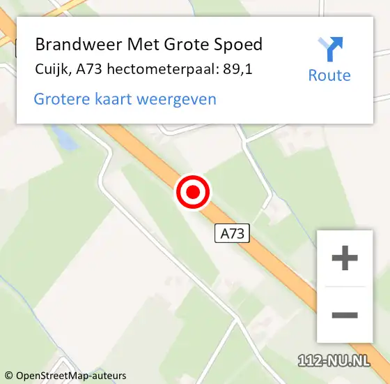 Locatie op kaart van de 112 melding: Brandweer Met Grote Spoed Naar Cuijk, A73 hectometerpaal: 89,1 op 24 september 2021 16:39