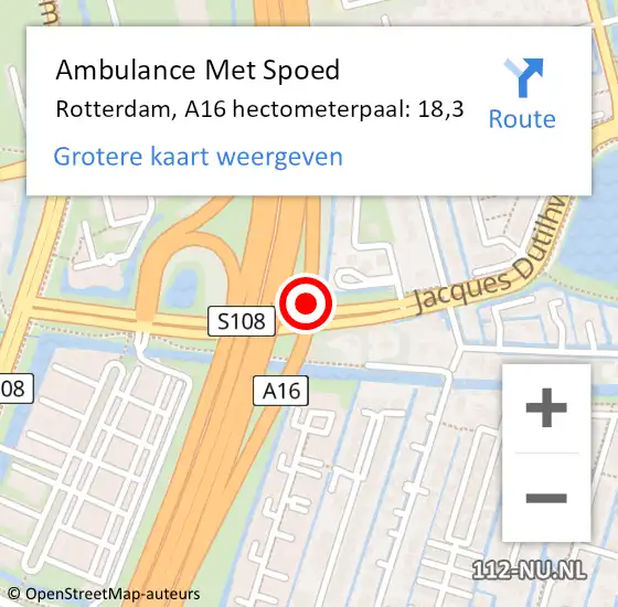 Locatie op kaart van de 112 melding: Ambulance Met Spoed Naar Rotterdam, A16 hectometerpaal: 18,3 op 24 september 2021 17:21