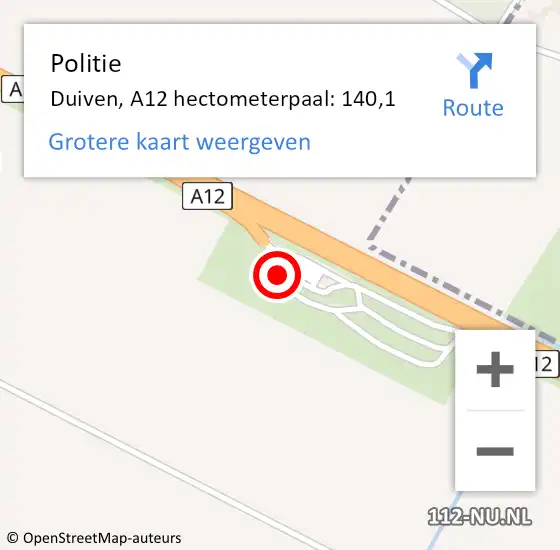 Locatie op kaart van de 112 melding: Politie Duiven, A12 hectometerpaal: 140,1 op 24 september 2021 18:57