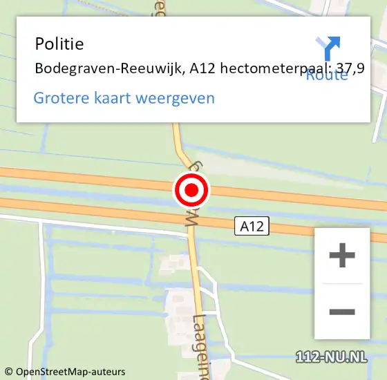 Locatie op kaart van de 112 melding: Politie Bodegraven-Reeuwijk, A12 hectometerpaal: 37,9 op 24 september 2021 18:57