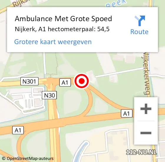 Locatie op kaart van de 112 melding: Ambulance Met Grote Spoed Naar Nijkerk, A1 hectometerpaal: 54,5 op 24 september 2021 18:59