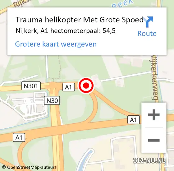Locatie op kaart van de 112 melding: Trauma helikopter Met Grote Spoed Naar Nijkerk, A1 hectometerpaal: 54,5 op 24 september 2021 19:02