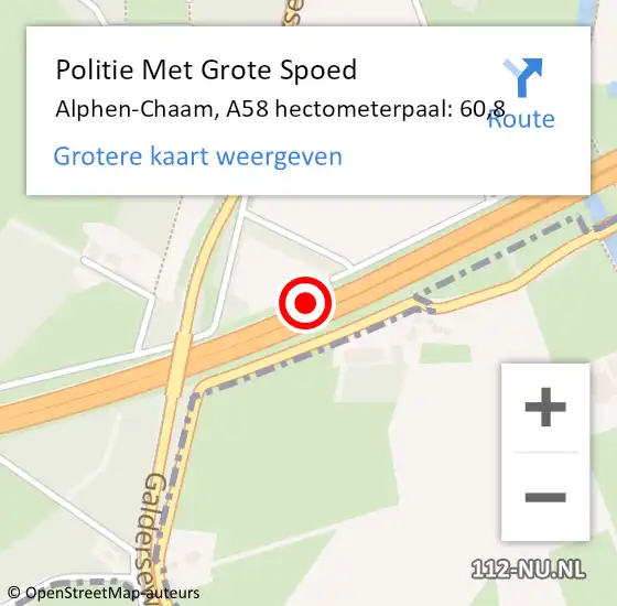 Locatie op kaart van de 112 melding: Politie Met Grote Spoed Naar Alphen-Chaam, A58 hectometerpaal: 60,8 op 24 september 2021 20:12