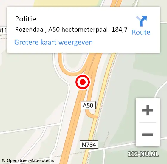 Locatie op kaart van de 112 melding: Politie Rozendaal, A50 hectometerpaal: 184,7 op 24 september 2021 20:20