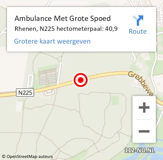 Locatie op kaart van de 112 melding: Ambulance Met Grote Spoed Naar Rhenen, N225 hectometerpaal: 40,9 op 24 september 2021 21:27