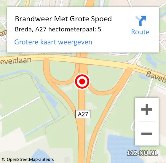 Locatie op kaart van de 112 melding: Brandweer Met Grote Spoed Naar Breda, A27 hectometerpaal: 5 op 25 september 2021 00:29