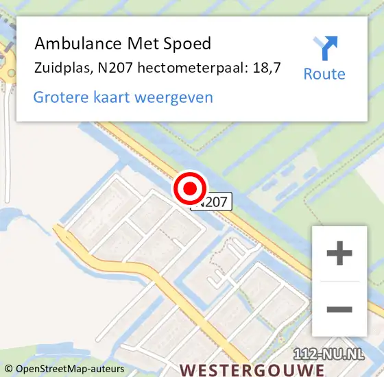 Locatie op kaart van de 112 melding: Ambulance Met Spoed Naar Zuidplas, N207 hectometerpaal: 18,7 op 25 september 2021 00:52