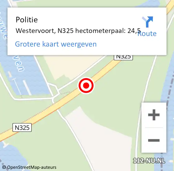 Locatie op kaart van de 112 melding: Politie Westervoort, N325 hectometerpaal: 24,5 op 25 september 2021 00:57