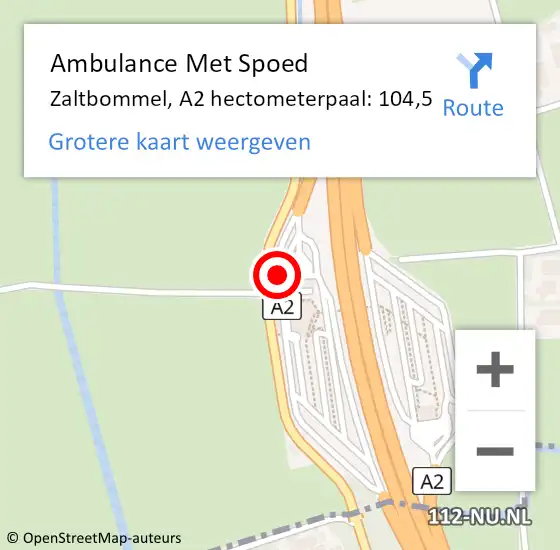 Locatie op kaart van de 112 melding: Ambulance Met Spoed Naar Zaltbommel, A2 hectometerpaal: 104,5 op 25 september 2021 00:59