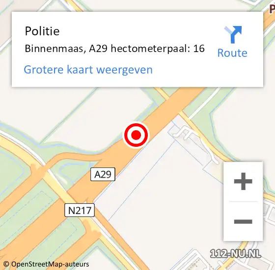 Locatie op kaart van de 112 melding: Politie Binnenmaas, A29 hectometerpaal: 16 op 25 september 2021 09:00