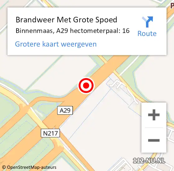 Locatie op kaart van de 112 melding: Brandweer Met Grote Spoed Naar Binnenmaas, A29 hectometerpaal: 16 op 25 september 2021 09:01