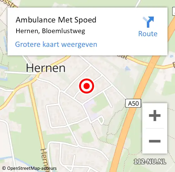 Locatie op kaart van de 112 melding: Ambulance Met Spoed Naar Hernen, Bloemlustweg op 25 september 2021 11:16