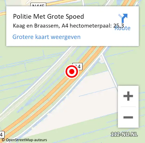 Locatie op kaart van de 112 melding: Politie Met Grote Spoed Naar Kaag en Braassem, A4 hectometerpaal: 25,3 op 25 september 2021 12:41