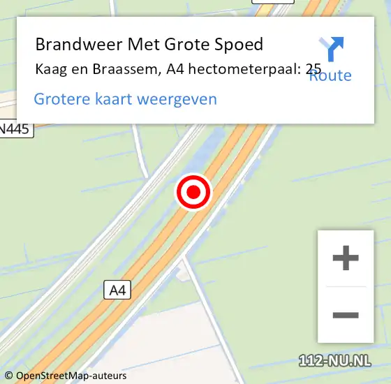 Locatie op kaart van de 112 melding: Brandweer Met Grote Spoed Naar Kaag en Braassem, A4 hectometerpaal: 25 op 25 september 2021 12:41