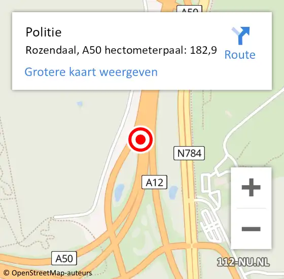 Locatie op kaart van de 112 melding: Politie Rozendaal, A50 hectometerpaal: 182,9 op 25 september 2021 12:42