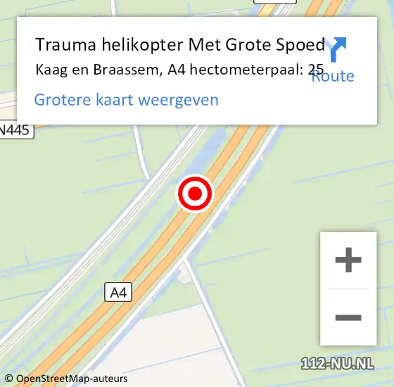 Locatie op kaart van de 112 melding: Trauma helikopter Met Grote Spoed Naar Kaag en Braassem, A4 hectometerpaal: 25 op 25 september 2021 12:44