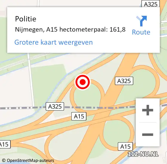 Locatie op kaart van de 112 melding: Politie Nijmegen, A15 hectometerpaal: 161,8 op 25 september 2021 13:41