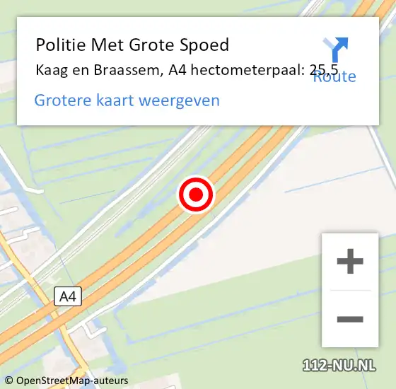 Locatie op kaart van de 112 melding: Politie Met Grote Spoed Naar Kaag en Braassem, A4 hectometerpaal: 25,5 op 25 september 2021 17:28