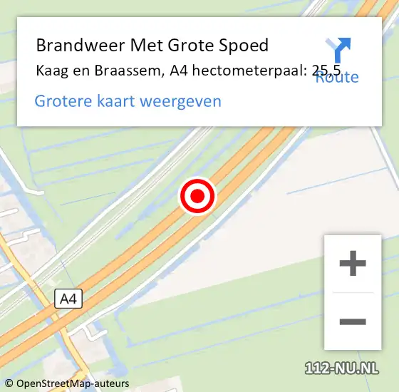 Locatie op kaart van de 112 melding: Brandweer Met Grote Spoed Naar Kaag en Braassem, A4 hectometerpaal: 25,5 op 25 september 2021 17:30