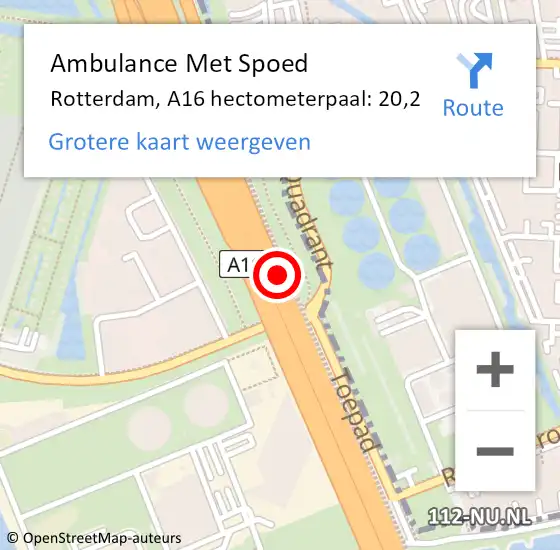 Locatie op kaart van de 112 melding: Ambulance Met Spoed Naar Rotterdam, A16 hectometerpaal: 20,2 op 25 september 2021 20:36