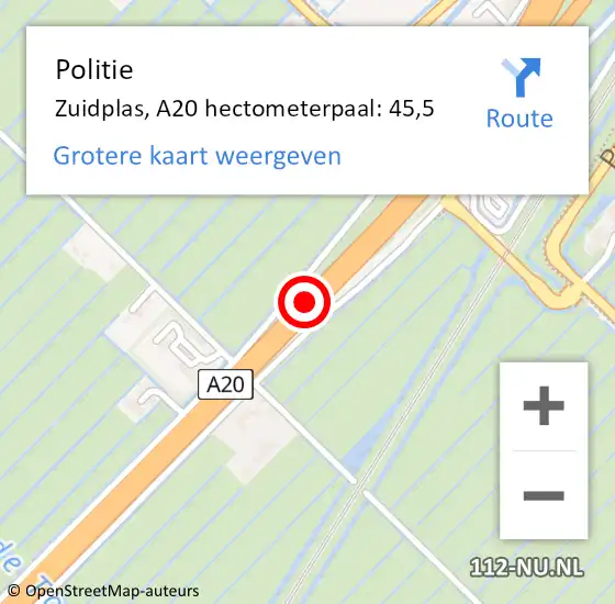Locatie op kaart van de 112 melding: Politie Zuidplas, A20 hectometerpaal: 45,5 op 25 september 2021 22:55