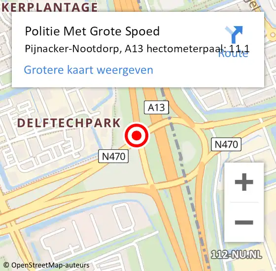 Locatie op kaart van de 112 melding: Politie Met Grote Spoed Naar Pijnacker-Nootdorp, A13 hectometerpaal: 11,1 op 25 september 2021 23:28