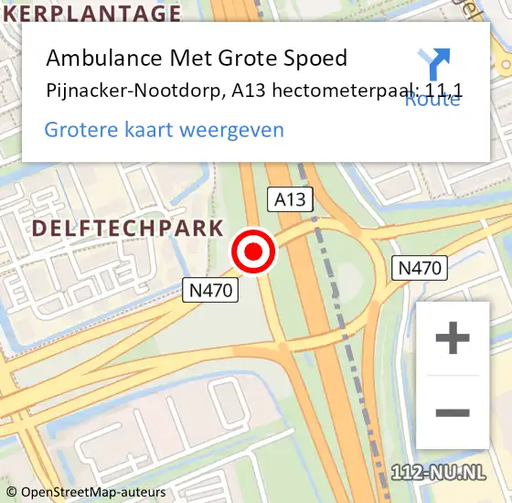 Locatie op kaart van de 112 melding: Ambulance Met Grote Spoed Naar Pijnacker-Nootdorp, A13 hectometerpaal: 11,1 op 25 september 2021 23:31