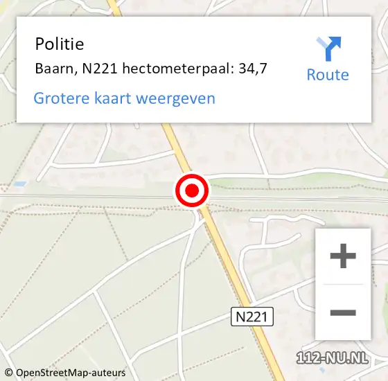 Locatie op kaart van de 112 melding: Politie Baarn, N221 hectometerpaal: 34,7 op 26 september 2021 00:41