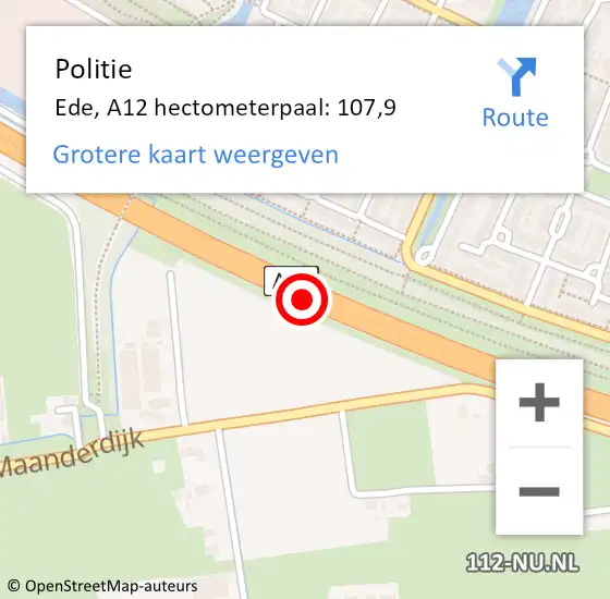 Locatie op kaart van de 112 melding: Politie Ede, A12 hectometerpaal: 107,9 op 26 september 2021 02:29