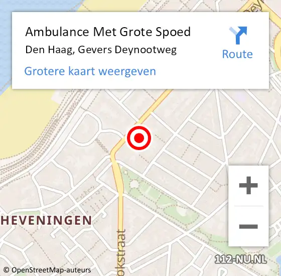 Locatie op kaart van de 112 melding: Ambulance Met Grote Spoed Naar Den Haag, Gevers Deynootweg op 26 september 2021 03:52