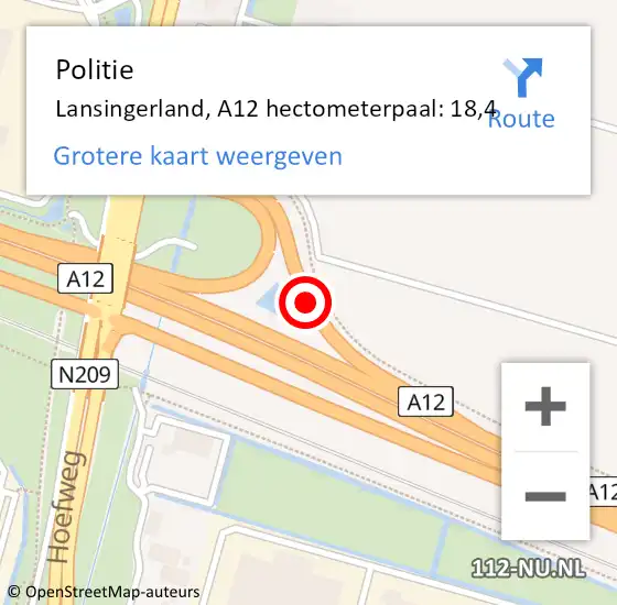 Locatie op kaart van de 112 melding: Politie Lansingerland, A12 hectometerpaal: 18,4 op 26 september 2021 04:07