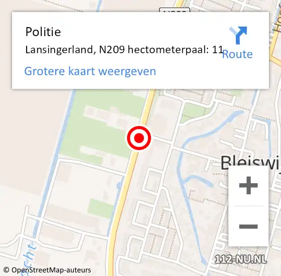 Locatie op kaart van de 112 melding: Politie Lansingerland, N209 hectometerpaal: 11 op 26 september 2021 04:34