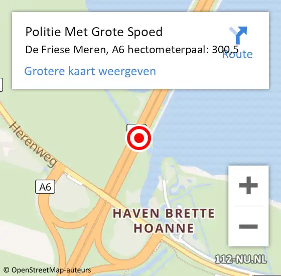 Locatie op kaart van de 112 melding: Politie Met Grote Spoed Naar De Friese Meren, A6 hectometerpaal: 300,5 op 26 september 2021 05:24