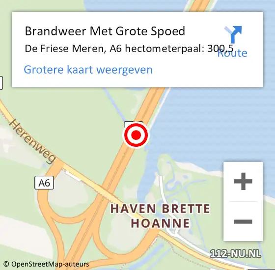 Locatie op kaart van de 112 melding: Brandweer Met Grote Spoed Naar De Friese Meren, A6 hectometerpaal: 300,5 op 26 september 2021 05:25