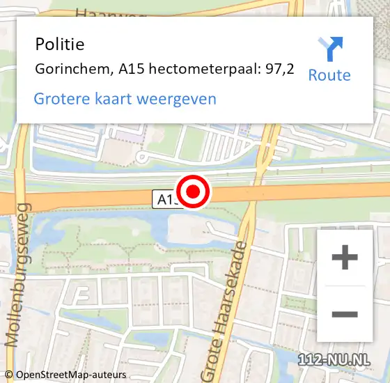 Locatie op kaart van de 112 melding: Politie Gorinchem, A15 hectometerpaal: 97,2 op 26 september 2021 07:01