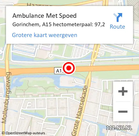 Locatie op kaart van de 112 melding: Ambulance Met Spoed Naar Gorinchem, A15 hectometerpaal: 97,2 op 26 september 2021 07:03