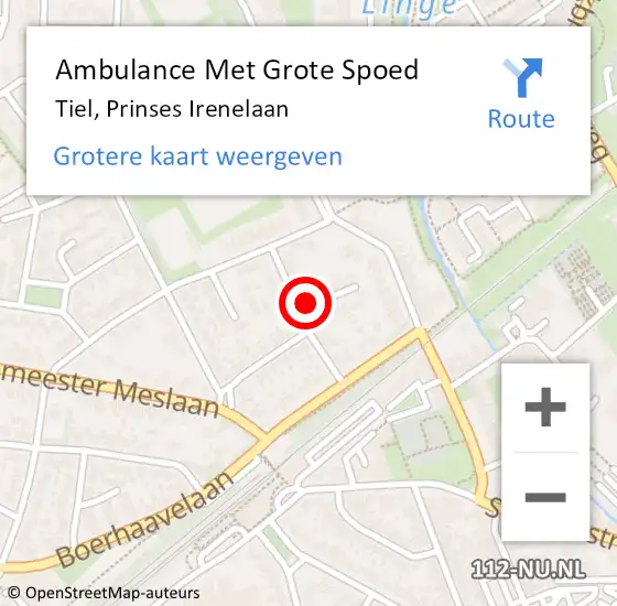 Locatie op kaart van de 112 melding: Ambulance Met Grote Spoed Naar Tiel, Prinses Irenelaan op 26 september 2021 07:33