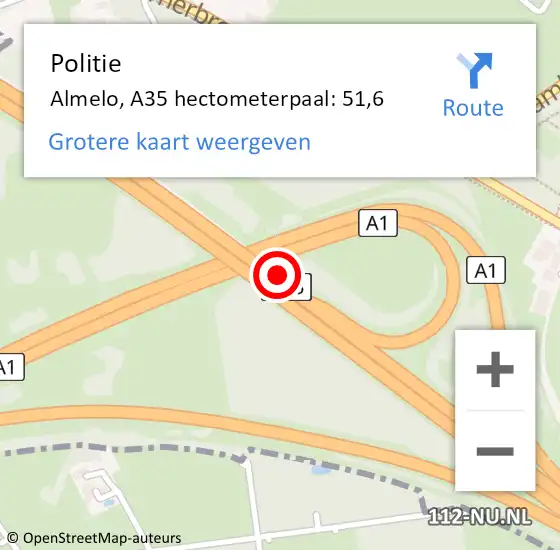 Locatie op kaart van de 112 melding: Politie Almelo, A35 hectometerpaal: 51,6 op 26 september 2021 08:19