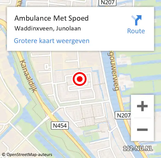 Locatie op kaart van de 112 melding: Ambulance Met Spoed Naar Waddinxveen, Junolaan op 26 september 2021 08:19