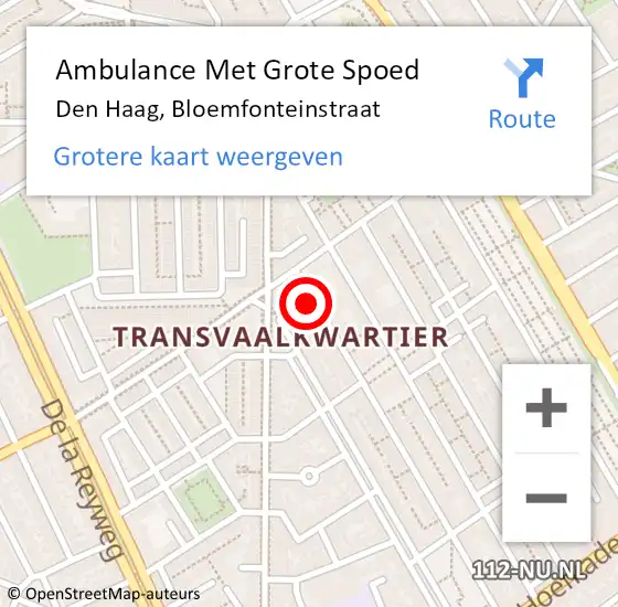 Locatie op kaart van de 112 melding: Ambulance Met Grote Spoed Naar Den Haag, Bloemfonteinstraat op 26 september 2021 09:19