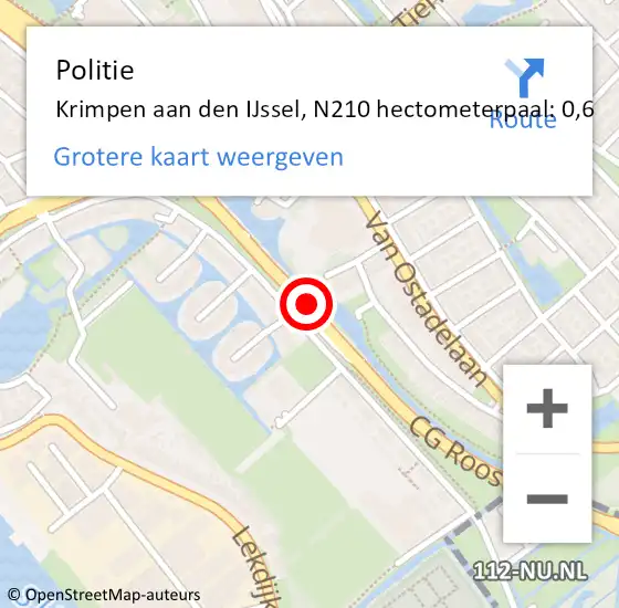 Locatie op kaart van de 112 melding: Politie Krimpen aan den IJssel, N210 hectometerpaal: 0,6 op 26 september 2021 09:32